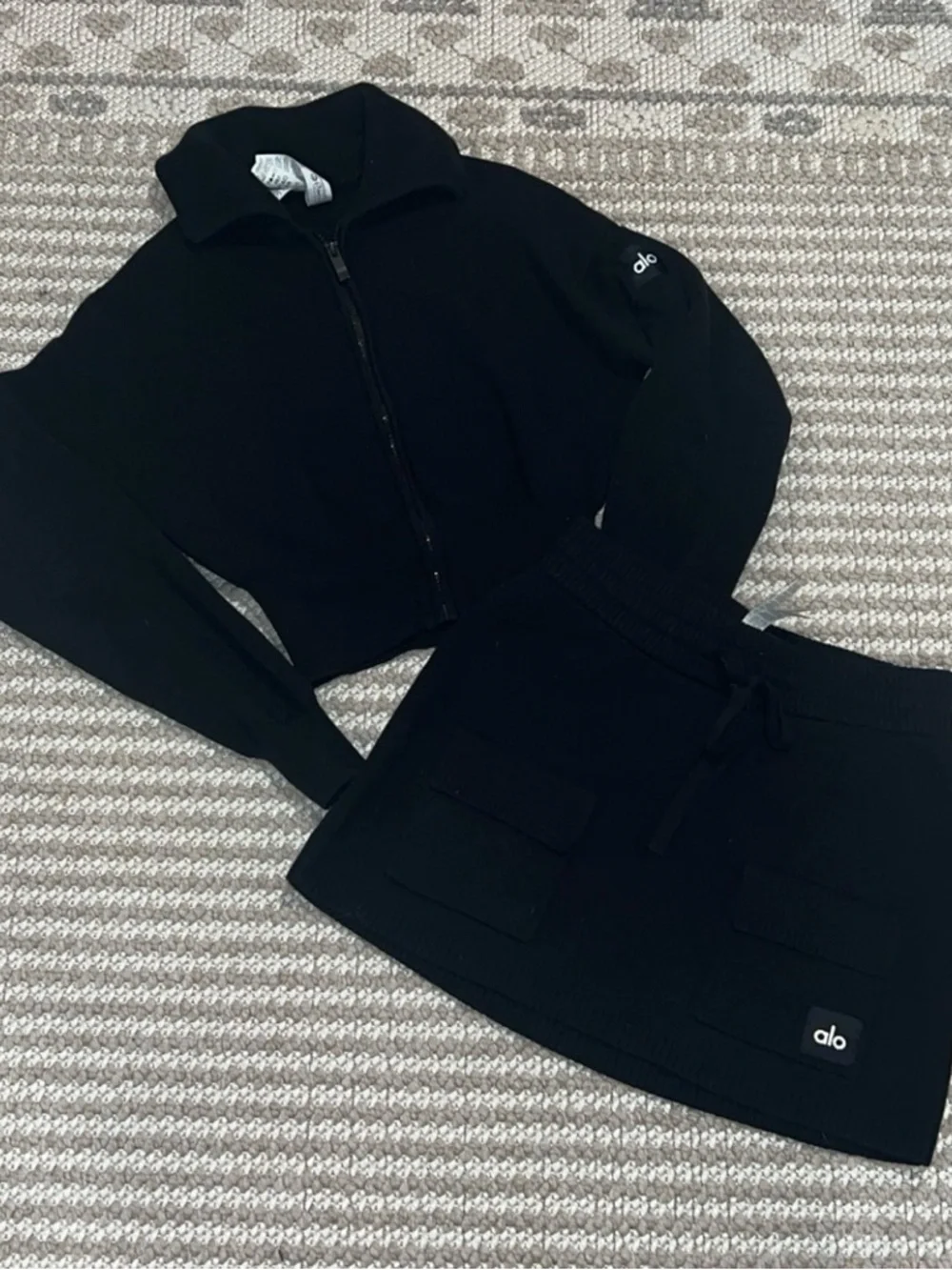 ALO Yoga Scholar Knit Black Mini Skirt Jacket Set